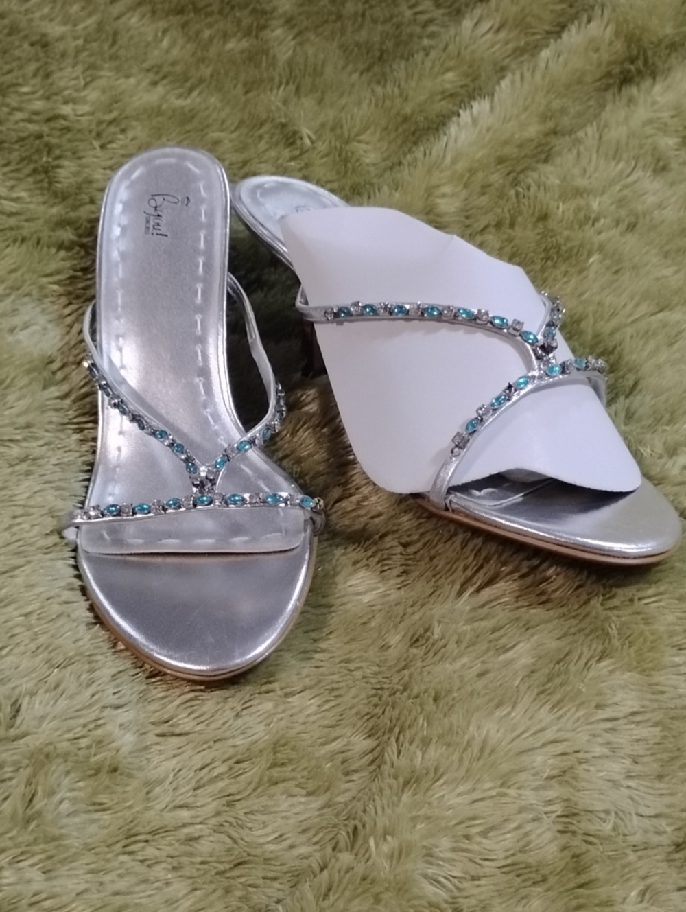 Silver Slide Sandals with Blue Gem Straps